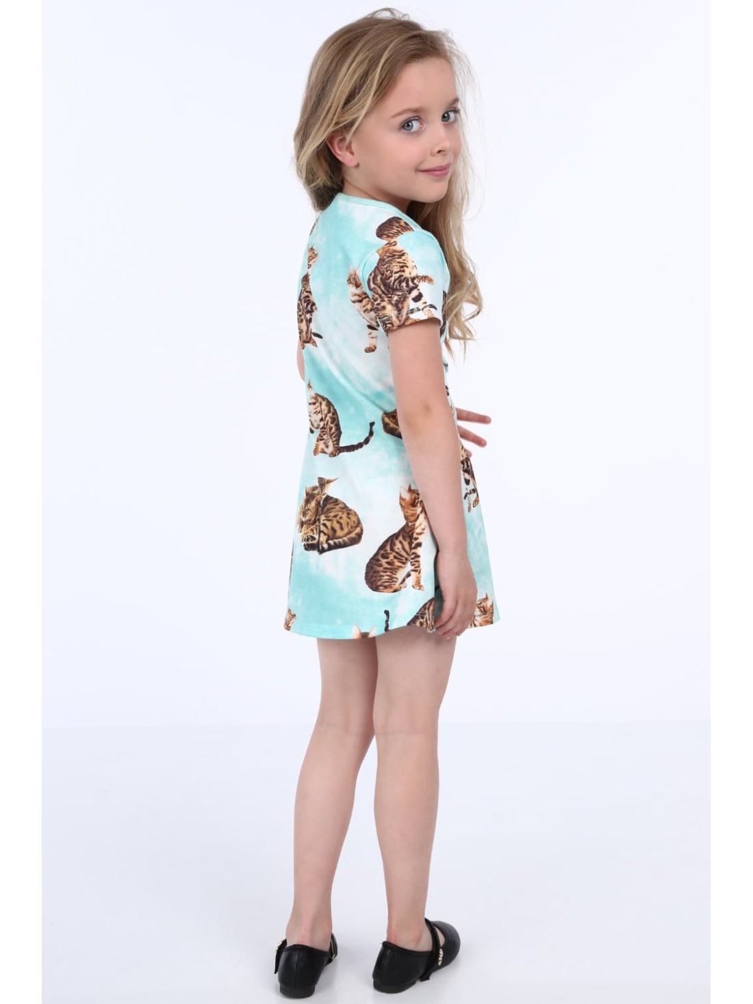 Girls\' dress with cats, mint NDZ8164 - Online store - Boutique